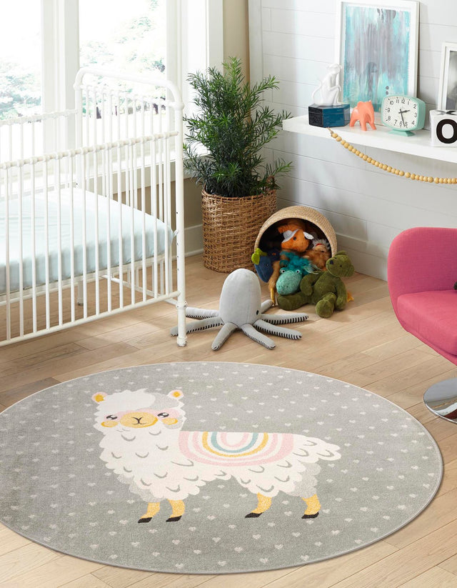 Gray 7' 10 x 7' 10 Whimsy Kids Round Area Rug for Baby Nursery, Toddler Playroom, Bedrooms