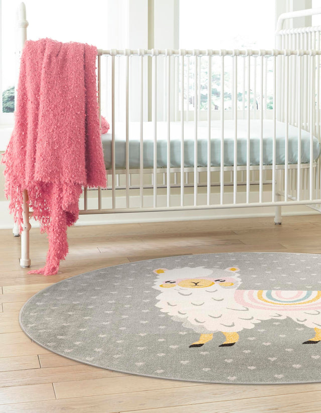 Gray 7' 10 x 7' 10 Whimsy Kids Round Area Rug for Baby Nursery, Toddler Playroom, Bedrooms