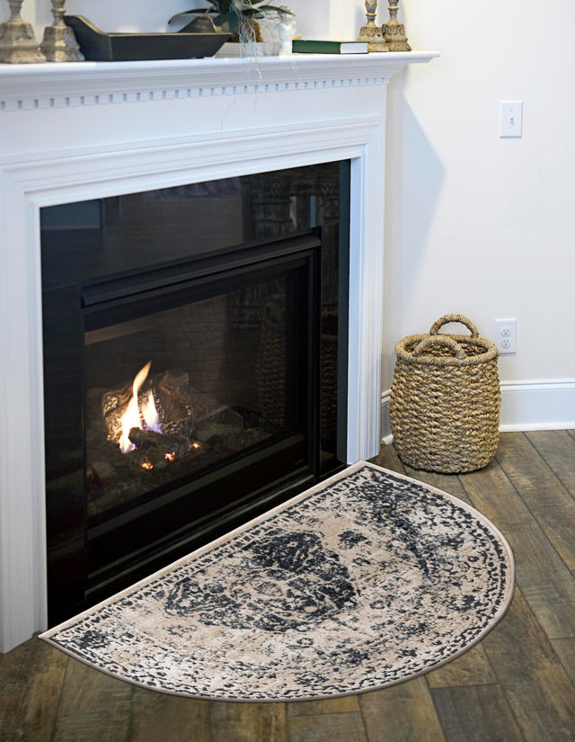 Dark Blue 3' 1 x 6' 1 Chateau Hearth Half-Round Semicircle Area Rug 85% Polypropylene & 15% Chenille With Cotton Backing Traditional Vintage Distressed Carpet for Classical Interior Design Decorating for Sale at Rug Engine