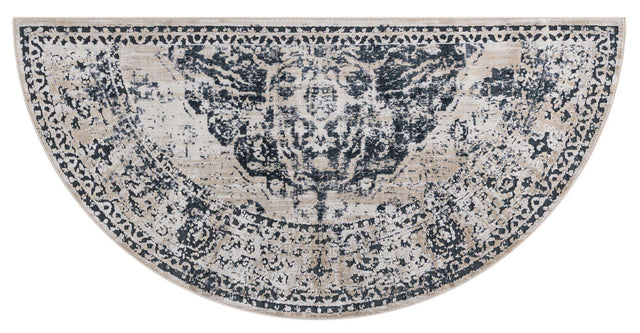 Dark Blue 3' 1 x 6' 1 Chateau Hearth Half-Round Semicircle Area Rug 85% Polypropylene & 15% Chenille With Cotton Backing Traditional Vintage Distressed Carpet for Classical Interior Design Decorating for Sale at Rug Engine