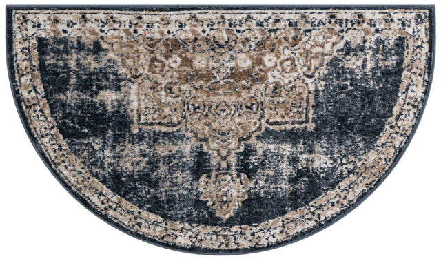 Dark Blue 2' x 3' 1 Chateau Hearth Half-Round Semicircle Area Rug 85% Polypropylene & 15% Chenille With Cotton Backing Traditional Vintage Distressed Carpet for Classical Interior Design Decorating for Sale at Rug Engine