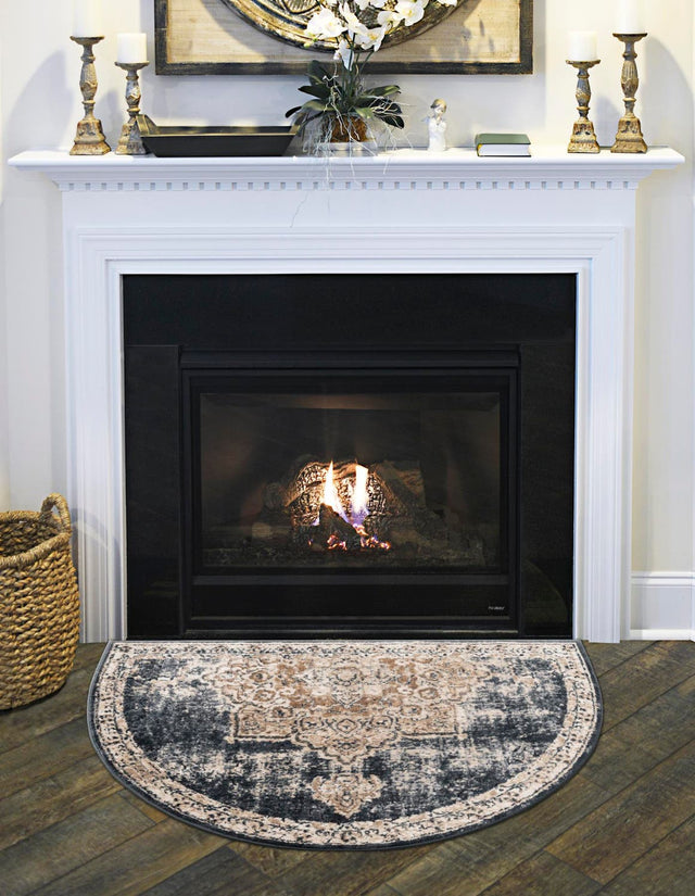 Dark Blue 3' 1 x 6' 1 Chateau Hearth Half-Round Semicircle Area Rug 85% Polypropylene & 15% Chenille With Cotton Backing Traditional Vintage Distressed Carpet for Classical Interior Design Decorating for Sale at Rug Engine