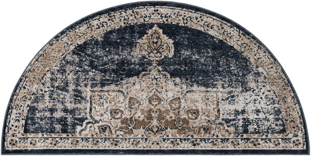 Dark Blue 3' 1 x 6' 1 Chateau Hearth Half-Round Semicircle Area Rug 85% Polypropylene & 15% Chenille With Cotton Backing Traditional Vintage Distressed Carpet for Classical Interior Design Decorating for Sale at Rug Engine