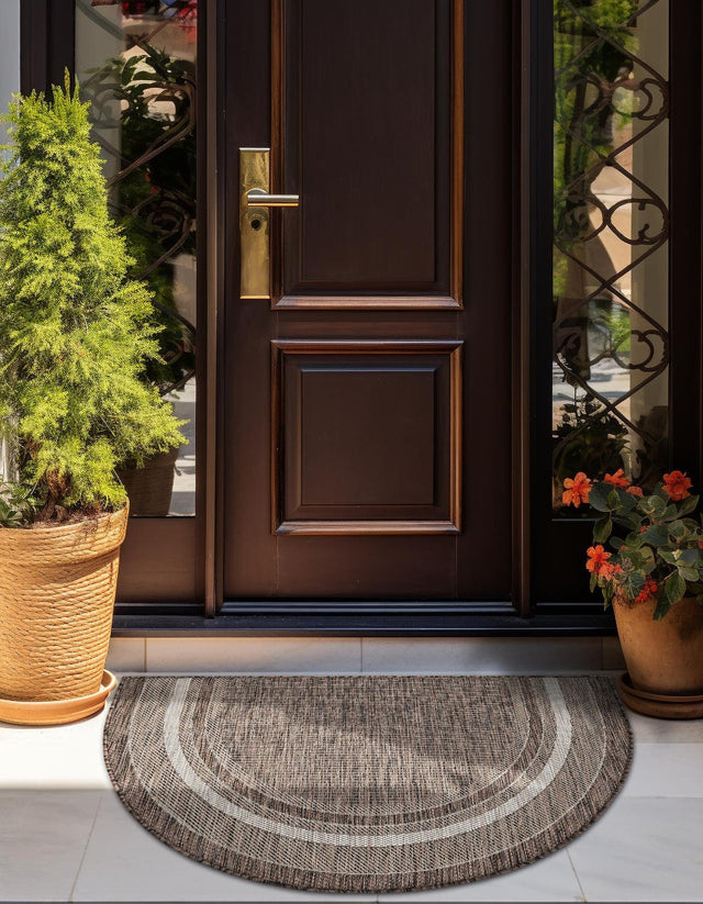 Brown 2' 7 x 4' 1 Outdoor Border Hearth Half-Round Semicircle Area Rug Weather Resistant for Patio, Deck, Terrace, Balcony, Porch 100% Polypropylene Classic Bordered Carpet for Sale at Rug Engine