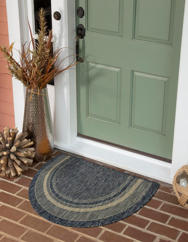 Blue 3' 1 x 6' 1 Outdoor Border Hearth Half-Round Semicircle Area Rug Weather Resistant for Patio, Deck, Terrace, Balcony, Porch 100% Polypropylene Classic Bordered Carpet for Sale at Rug Engine