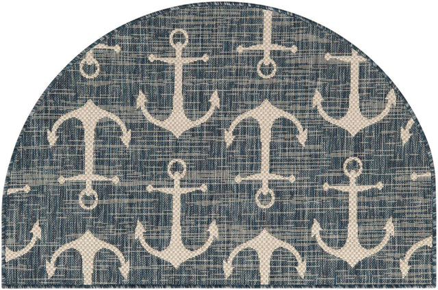Blue 2' 7 x 4' 1 Outdoor Coastal Hearth Half-Round Semicircle Area Rug Weather Resistant for Patio, Deck, Terrace, Balcony, Porch 100% Polypropylene Coastal Decor Carpet for Sale at Rug Engine