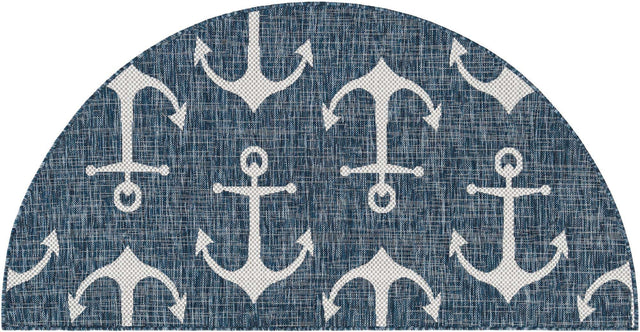 Blue 3' 1 x 6' 1 Outdoor Coastal Hearth Half-Round Semicircle Area Rug Weather Resistant for Patio, Deck, Terrace, Balcony, Porch 100% Polypropylene Coastal Decor Carpet for Sale at Rug Engine