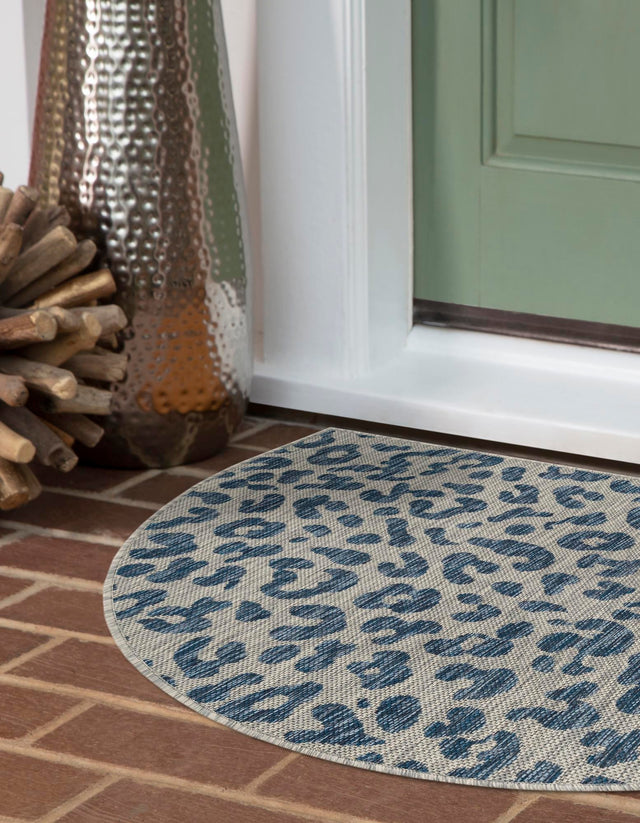 Blue 2' 7 x 4' 1 Outdoor Safari Hearth Half-Round Semicircle Area Rug Weather Resistant for Patio, Deck, Terrace, Balcony, Porch Animal Print Wildlife Nature Carpet for Sale at Rug Engine