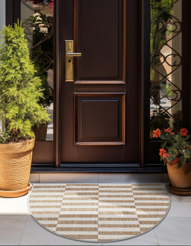 Taupe 2' 7 x 4' 1 Outdoor Striped Hearth Half-Round Semicircle Area Rug Weather Resistant for Patio, Deck, Terrace, Balcony, Porch Geometric Pattern Waterproof Carpet for Sale at Rug Engine