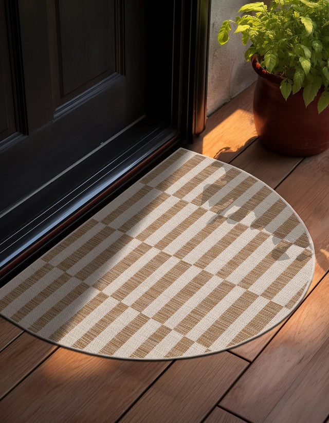 Taupe 3' 1 x 6' 1 Outdoor Striped Hearth Area Rug Weather Resistant for Patio, Deck, Terrace, Balcony, Porch
