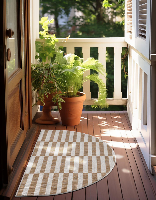 Taupe 3' 1 x 6' 1 Outdoor Striped Hearth Area Rug Weather Resistant for Patio, Deck, Terrace, Balcony, Porch
