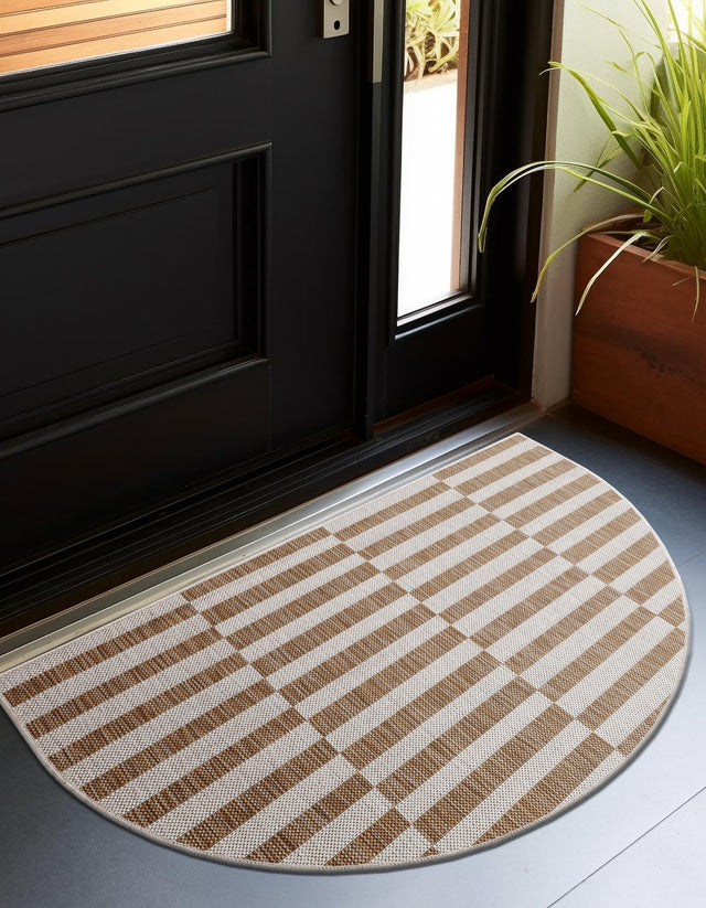 Taupe 2' 7 x 4' 1 Outdoor Striped Hearth Half-Round Semicircle Area Rug Weather Resistant for Patio, Deck, Terrace, Balcony, Porch Geometric Pattern Waterproof Carpet for Sale at Rug Engine