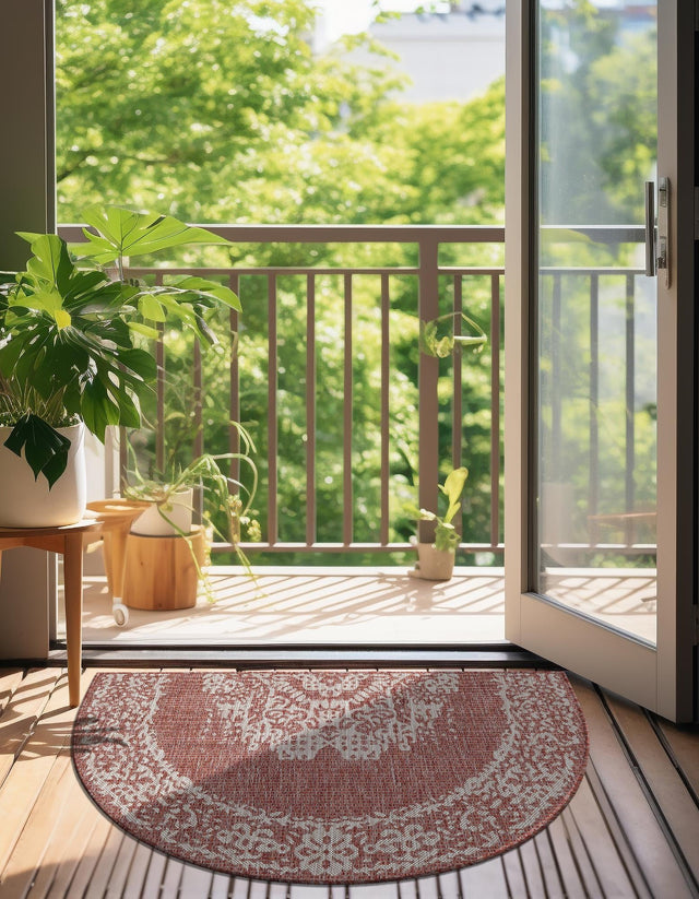 Rust Red 3' 1 x 6' 1 Outdoor Traditional Hearth Half-Round Semicircle Area Rug Weather Resistant for Patio, Deck, Terrace, Balcony, Porch Classical Design Outside Carpet for Sale at Rug Engine