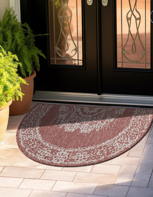 Rust Red 3' 1 x 6' 1 Outdoor Traditional Hearth Half-Round Semicircle Area Rug Weather Resistant for Patio, Deck, Terrace, Balcony, Porch Classical Design Outside Carpet for Sale at Rug Engine