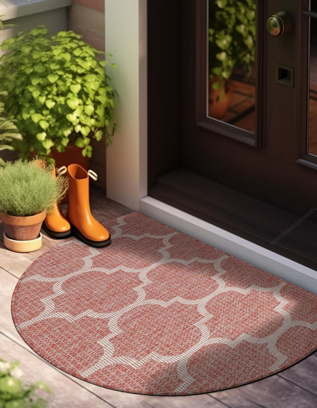 Rust Red 2' 7 x 4' 1 Outdoor Trellis Hearth Half-Round Semicircle Area Rug Weather Resistant for Patio, Deck, Terrace, Balcony, Porch Geometric Design Water Safe Outside Carpet for Sale at Rug Engine