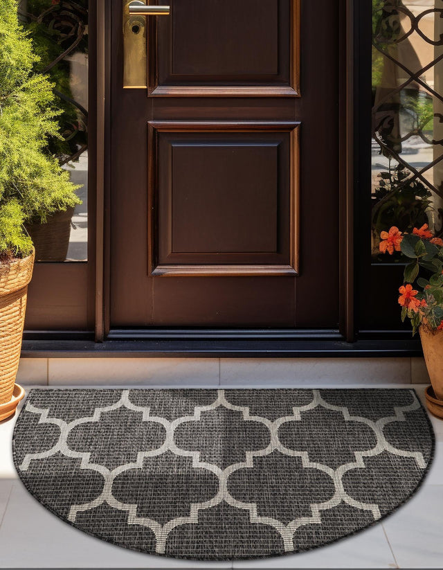 Black 2' 7 x 4' 1 Outdoor Trellis Hearth Half-Round Semicircle Area Rug Weather Resistant for Patio, Deck, Terrace, Balcony, Porch Geometric Design Water Safe Outside Carpet for Sale at Rug Engine