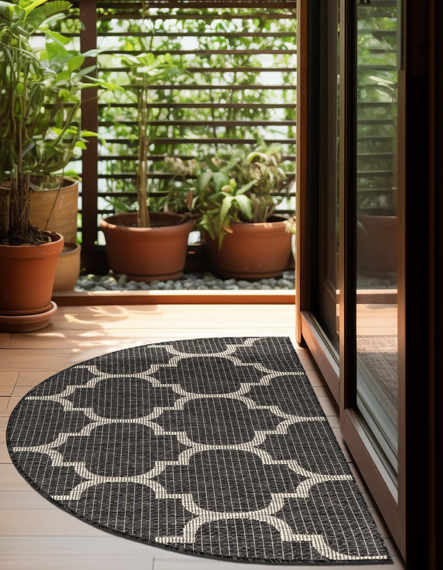 Black 2' 7 x 4' 1 Outdoor Trellis Hearth Half-Round Semicircle Area Rug Weather Resistant for Patio, Deck, Terrace, Balcony, Porch Geometric Design Water Safe Outside Carpet for Sale at Rug Engine