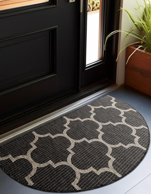 Black 2' 7 x 4' 1 Outdoor Trellis Hearth Half-Round Semicircle Area Rug Weather Resistant for Patio, Deck, Terrace, Balcony, Porch Geometric Design Water Safe Outside Carpet for Sale at Rug Engine