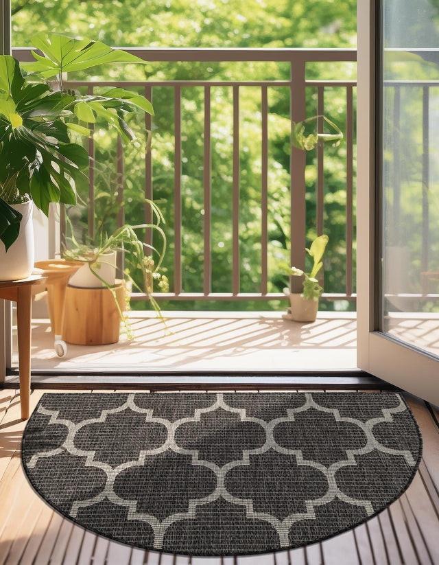Black 2' 7 x 4' 1 Outdoor Trellis Hearth Half-Round Semicircle Area Rug Weather Resistant for Patio, Deck, Terrace, Balcony, Porch Geometric Design Water Safe Outside Carpet for Sale at Rug Engine
