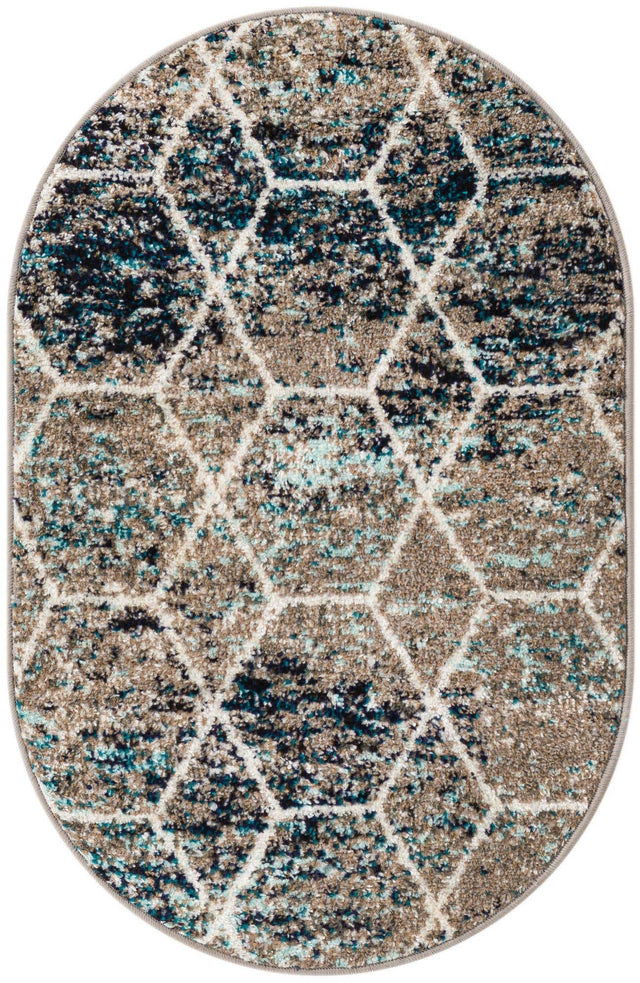Blue Multicolor 2' x 3' 1 Trellis Frieze Oval Area Rug Geometric Modern Unique Stain Resistant Easy Clean Carpet for Living, Dining, Bedrooms, Office for Sale at Rug Engine