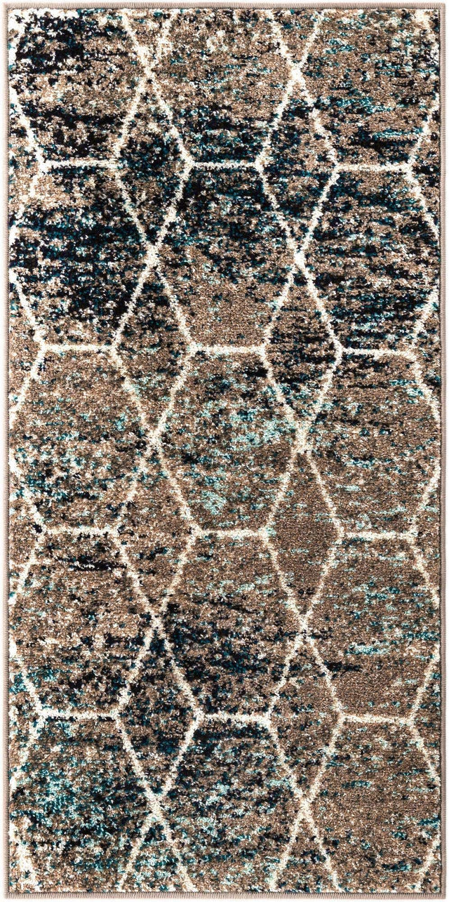 Blue Multicolor 2' x 4' 1 Trellis Frieze Runner Area Rug Geometric Modern Unique Stain Resistant Easy Clean Carpet for Living, Dining, Bedrooms, Office for Sale at Rug Engine