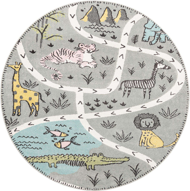 Gray 7' 10 x 7' 10 Whimsy Kids Round Area Rug for Baby Nursery, Toddler Playroom, Bedrooms
