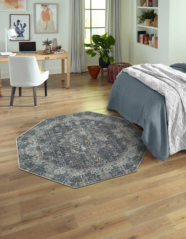 Fume Gray 4' 3 x 4' 3 Baracoa Octagon Area Rug 100% Polypropylene Distressed Vintage Living Dining Room Office Traditional Carpet for Sale at Rug Engine