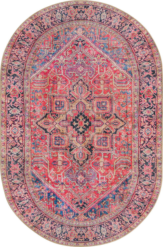 Washable Red 4' 1 x 6' 1 Timeless Oval Area Rug Easy to Clean Stain Resistant & Durable Traditional Classic Vintage Design Carpet for Sale at Rug Engine