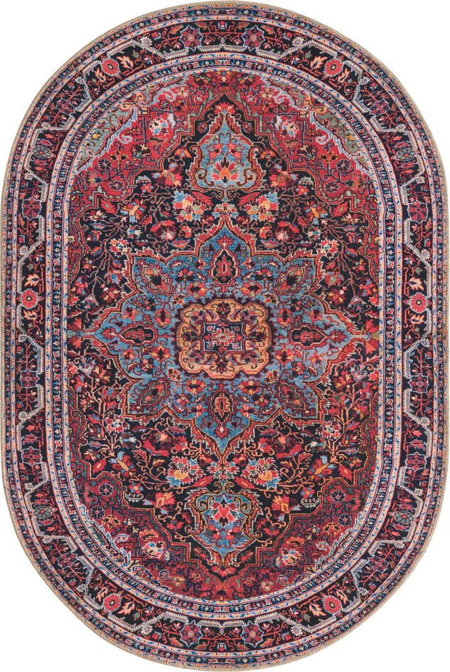Washable Burgundy 4' 1 x 6' 1 Timeless Oval Area Rug Easy to Clean Stain Resistant & Durable Traditional Classic Vintage Design Carpet for Sale at Rug Engine