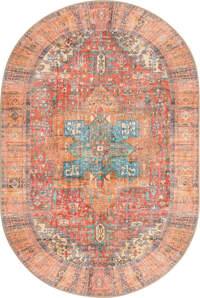 Washable Rust Red 4' 1 x 6' 1 Timeless Oval Area Rug Easy to Clean Stain Resistant & Durable Traditional Classic Vintage Design Carpet for Sale at Rug Engine