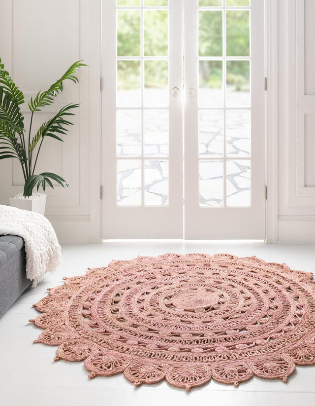 Pink 6' 1 x 6' 1 Braided Jute Round Area Rug 100% Jute Hand Braided Natural Eco-Friendly Boho Style Carpet for Living Rooms Dining Office Space Dorms for Sale at Rug Engine