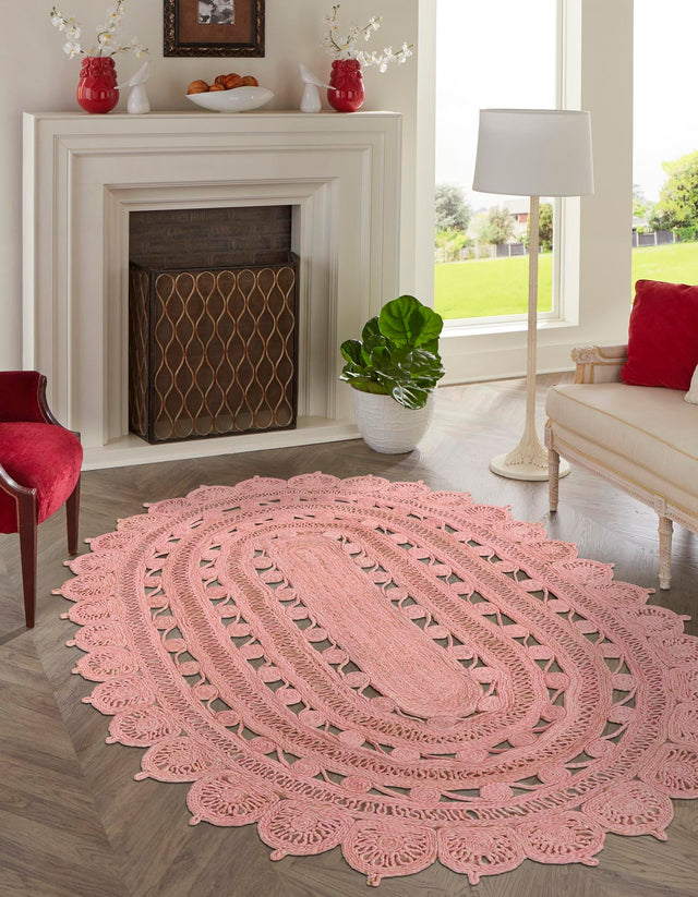 Pink 3' 1 x 5' 1 Braided Jute Oval Area Rug 100% Jute Hand Braided Natural Eco-Friendly Boho Style Carpet for Living Rooms Dining Office Space Dorms for Sale at Rug Engine