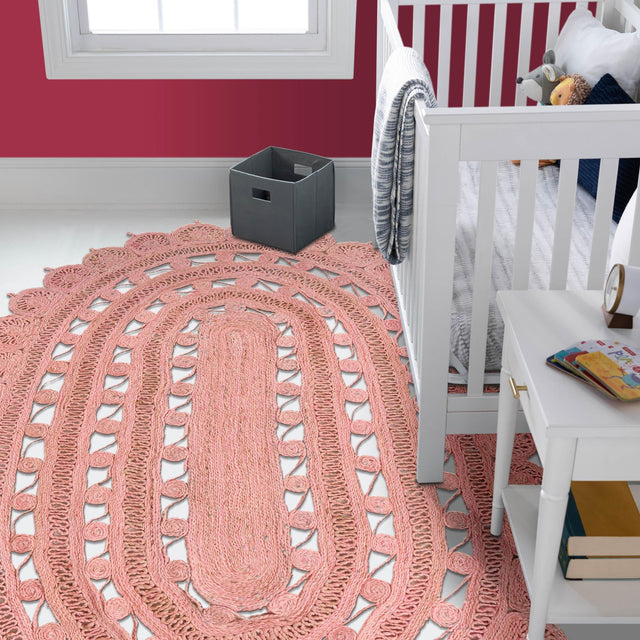 Pink 7' 10 x 10' Braided Jute Oval Area Rug 100% Jute Hand Braided Natural Eco-Friendly Boho Style Carpet for Living Rooms Dining Office Space Dorms for Sale at Rug Engine