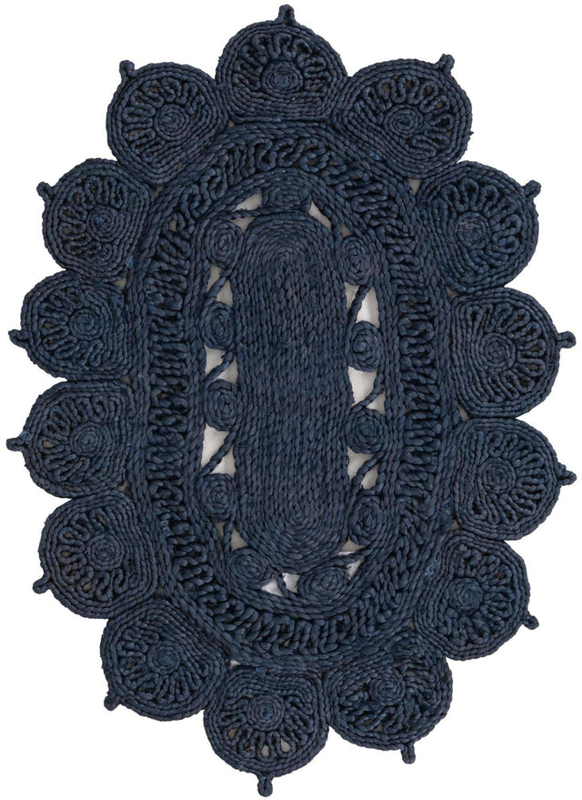 Navy Blue 2' x 3' 1 Braided Jute Oval Area Rug 100% Jute Hand Braided Natural Eco-Friendly Boho Style Carpet for Living Rooms Dining Office Space Dorms for Sale at Rug Engine