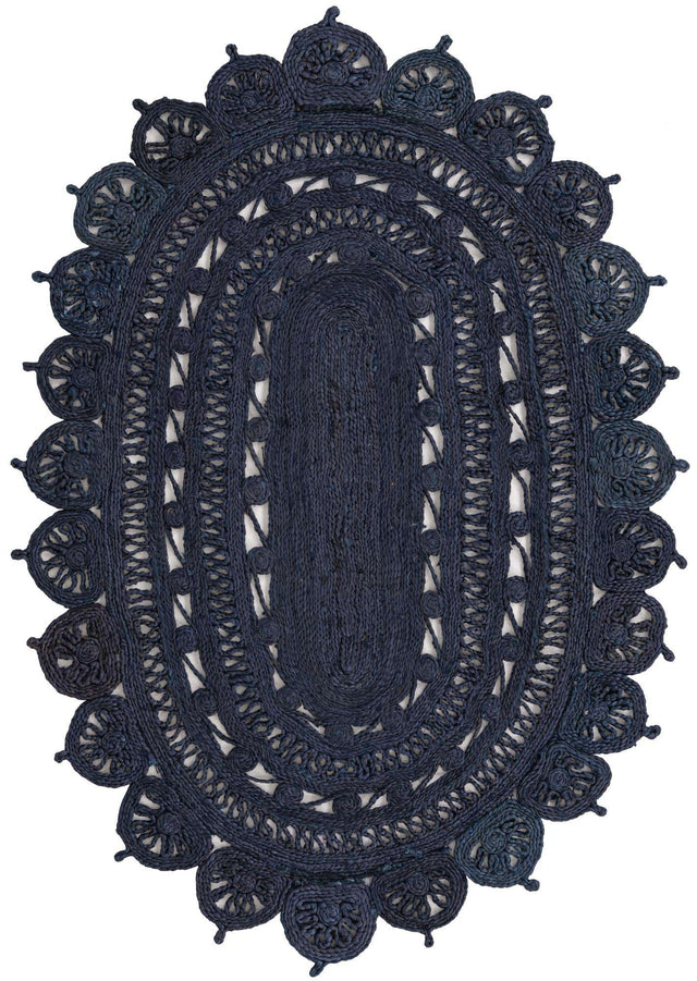Navy Blue 4' 1 x 6' 1 Braided Jute Oval Area Rug 100% Jute Hand Braided Natural Eco-Friendly Boho Style Carpet for Living Rooms Dining Office Space Dorms for Sale at Rug Engine