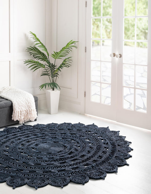 Navy Blue 4' 1 x 4' 1 Braided Jute Round Area Rug 100% Jute Hand Braided Natural Eco-Friendly Boho Style Carpet for Living Rooms Dining Office Space Dorms for Sale at Rug Engine