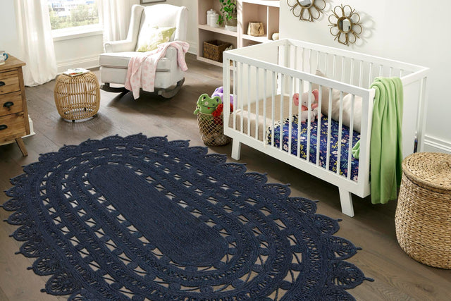 Navy Blue 5' 1 x 8' Braided Jute Oval Area Rug 100% Jute Hand Braided Natural Eco-Friendly Boho Style Carpet for Living Rooms Dining Office Space Dorms for Sale at Rug Engine