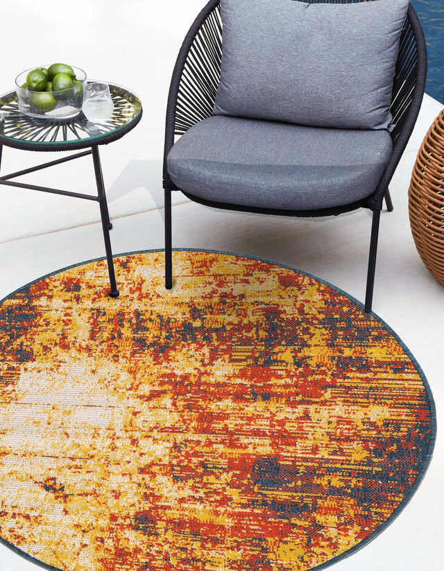 Multicolor 7' 1 x 7' 1 Outdoor Coastal Round Area Rug Weather Resistant for Patio, Deck, Terrace, Balcony, Porch 100% Polypropylene Coastal Decor Carpet for Sale at Rug Engine