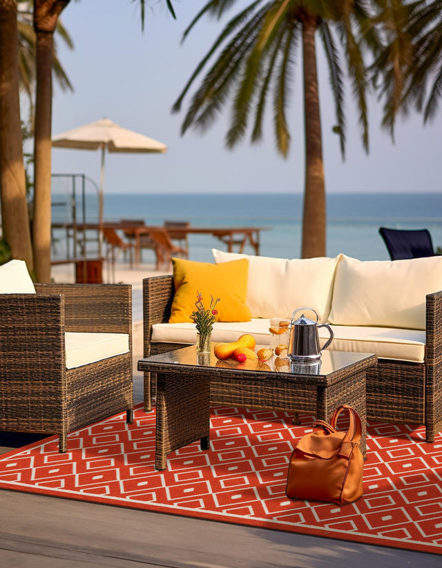 Rust Red 8' x 10' Outdoor Trellis Rectangle Area Rug Weather Resistant for Patio, Deck, Terrace, Balcony, Porch Geometric Design Water Safe Outside Carpet for Sale at Rug Engine