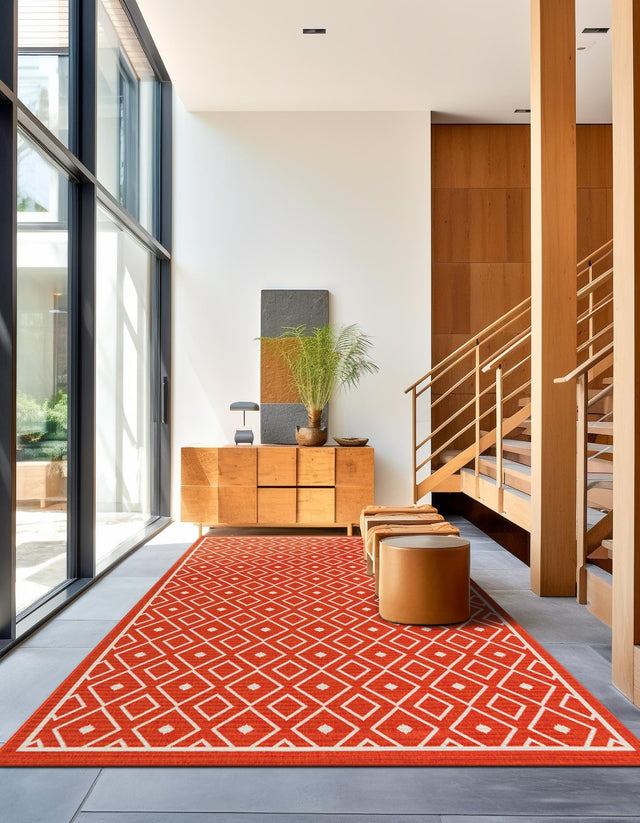 Rust Red 8' x 10' Outdoor Trellis Rectangle Area Rug Weather Resistant for Patio, Deck, Terrace, Balcony, Porch Geometric Design Water Safe Outside Carpet for Sale at Rug Engine