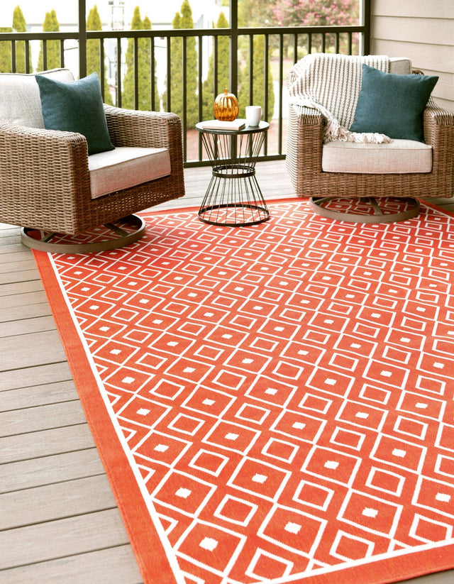 Rust Red 8' x 10' Outdoor Trellis Rectangle Area Rug Weather Resistant for Patio, Deck, Terrace, Balcony, Porch Geometric Design Water Safe Outside Carpet for Sale at Rug Engine
