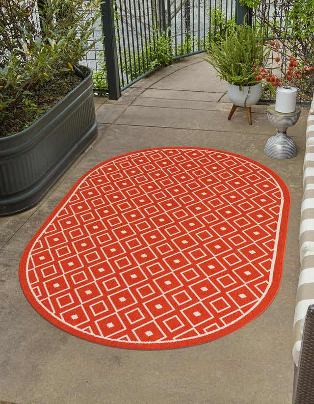 Rust Red 5' 3 x 8' Outdoor Trellis Oval Area Rug Weather Resistant for Patio, Deck, Terrace, Balcony, Porch Geometric Design Water Safe Outside Carpet for Sale at Rug Engine