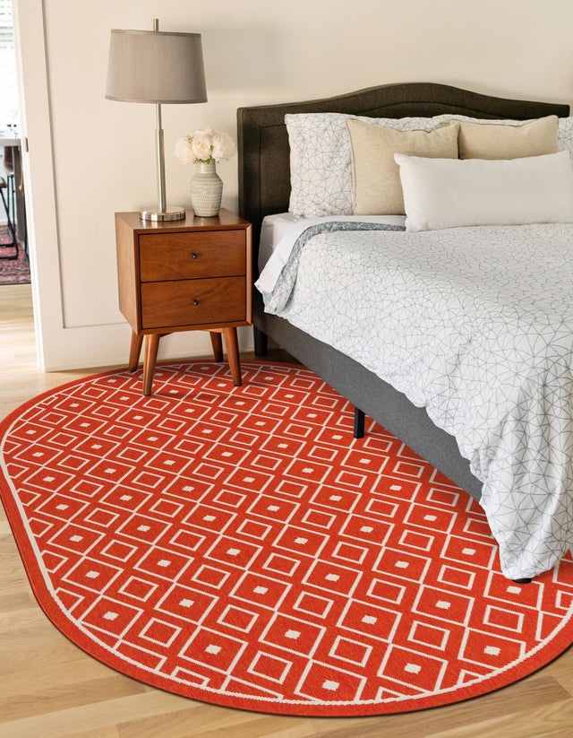 Rust Red 5' 3 x 8' Outdoor Trellis Oval Area Rug Weather Resistant for Patio, Deck, Terrace, Balcony, Porch Geometric Design Water Safe Outside Carpet for Sale at Rug Engine