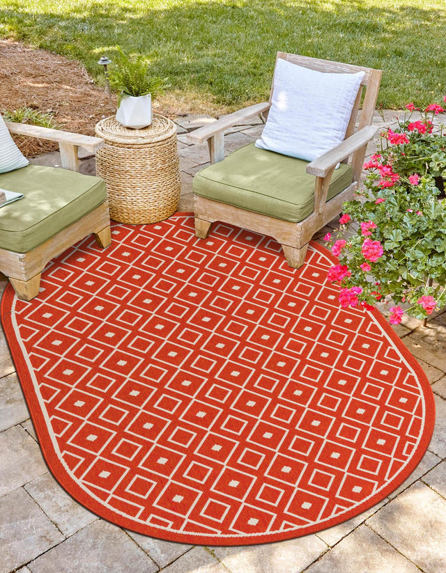 Rust Red 5' 3 x 8' Outdoor Trellis Oval Area Rug Weather Resistant for Patio, Deck, Terrace, Balcony, Porch Geometric Design Water Safe Outside Carpet for Sale at Rug Engine