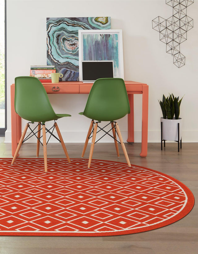 Rust Red 7' 10 x 10' Outdoor Trellis Oval Area Rug Weather Resistant for Patio, Deck, Terrace, Balcony, Porch Geometric Design Water Safe Outside Carpet for Sale at Rug Engine