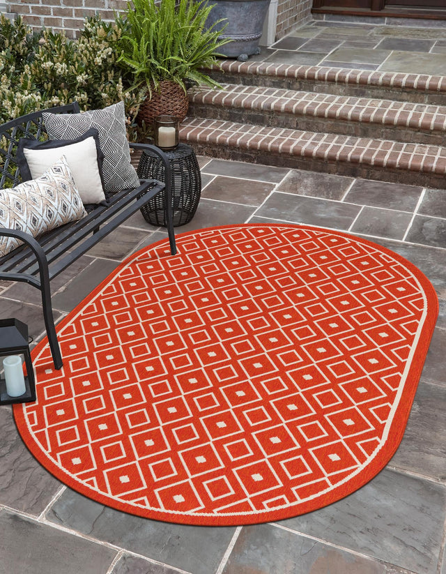 Rust Red 5' 3 x 8' Outdoor Trellis Oval Area Rug Weather Resistant for Patio, Deck, Terrace, Balcony, Porch Geometric Design Water Safe Outside Carpet for Sale at Rug Engine