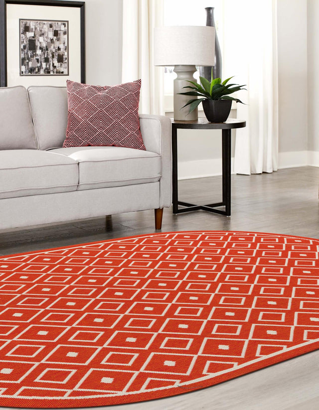 Rust Red 7' 10 x 10' Outdoor Trellis Oval Area Rug Weather Resistant for Patio, Deck, Terrace, Balcony, Porch Geometric Design Water Safe Outside Carpet for Sale at Rug Engine