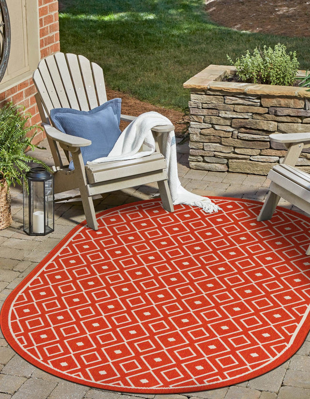 Rust Red 5' 3 x 8' Outdoor Trellis Oval Area Rug Weather Resistant for Patio, Deck, Terrace, Balcony, Porch Geometric Design Water Safe Outside Carpet for Sale at Rug Engine