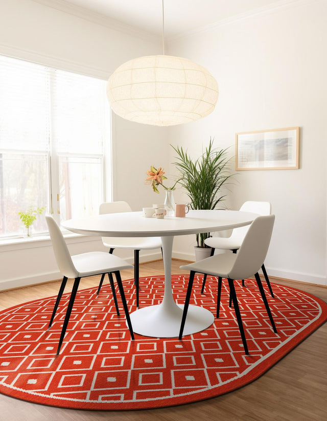 Rust Red 5' 3 x 8' Outdoor Trellis Oval Area Rug Weather Resistant for Patio, Deck, Terrace, Balcony, Porch Geometric Design Water Safe Outside Carpet for Sale at Rug Engine