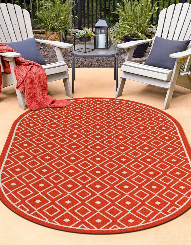 Rust Red 5' 3 x 8' Outdoor Trellis Oval Area Rug Weather Resistant for Patio, Deck, Terrace, Balcony, Porch Geometric Design Water Safe Outside Carpet for Sale at Rug Engine